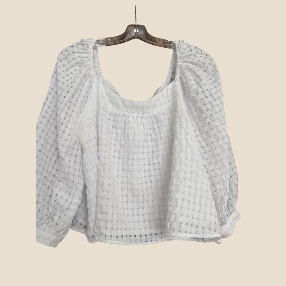 Pomander Place White Textured Grid  Puff Balloon Sleeve Blouse Large Tuckernaut